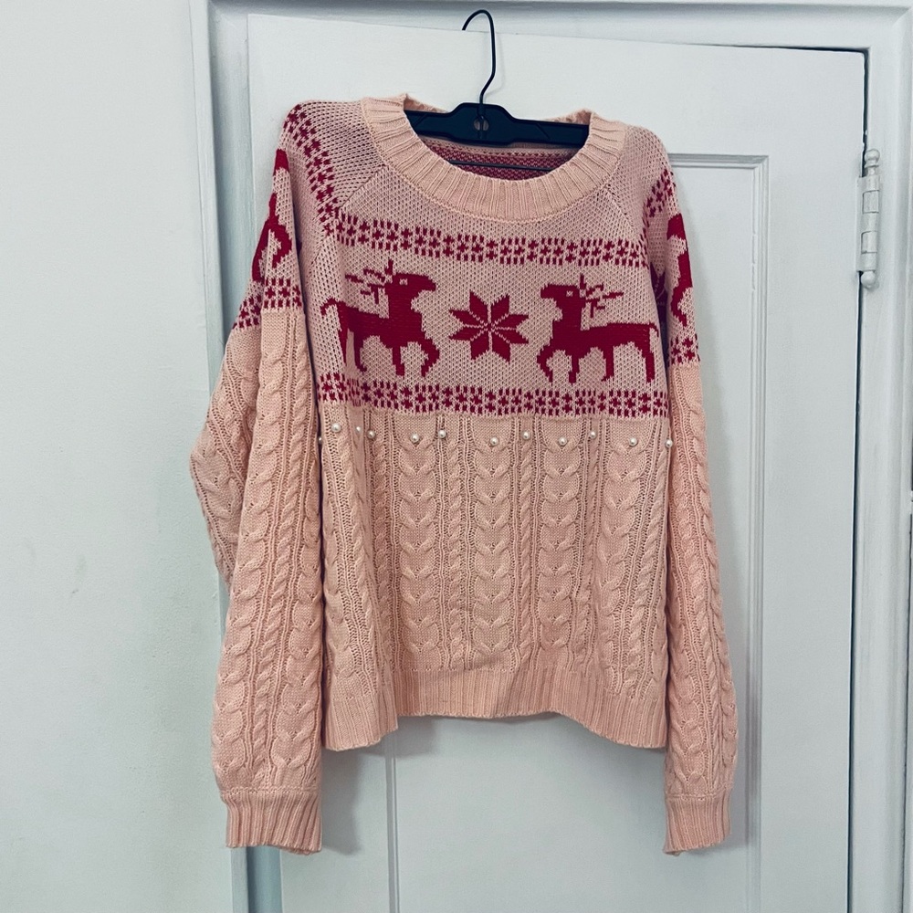SHEIN Pink Reindeer Pattern Sweater & Shorts Set - L